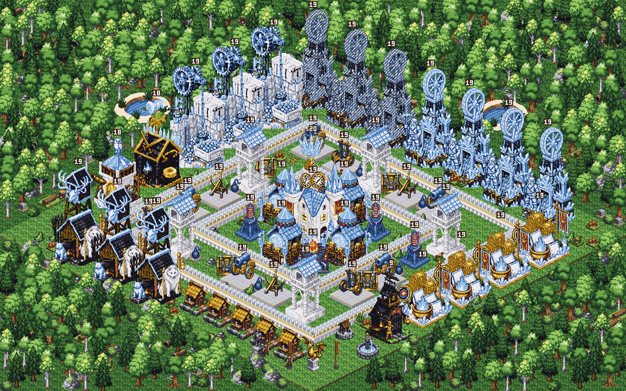 A Grindhold village, alive: builders hammer, fires burn, water shimmers and the Great Hall glints